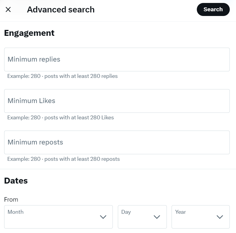 Twitter/X平台Advanced search功能界面